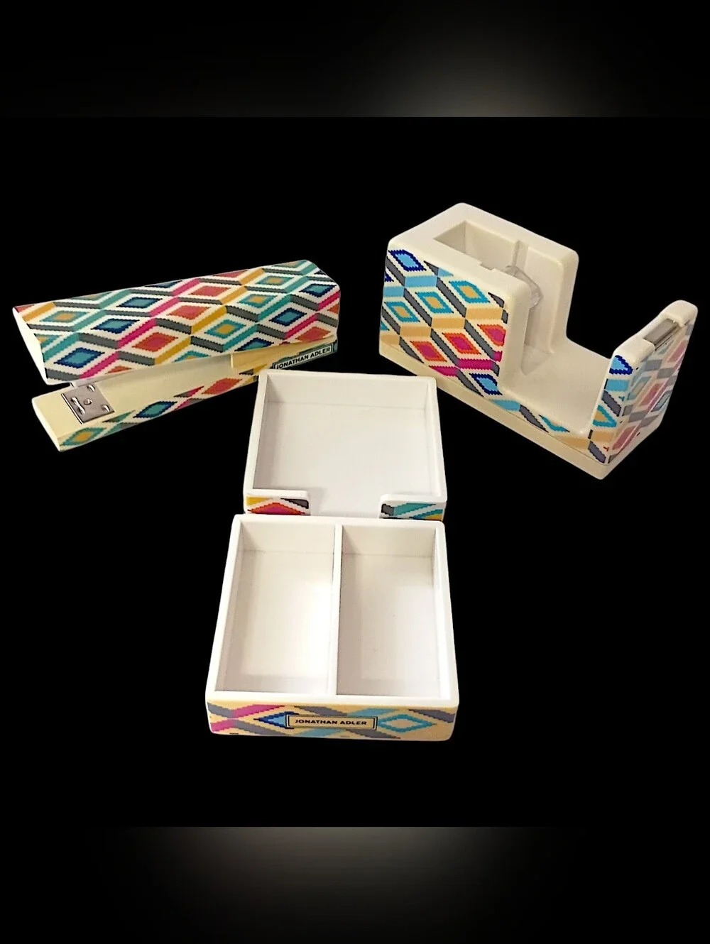 Vintage Jonathan Adler Desk Set Organizer Tape Dispenser Stapler Memo Tray 4‎ Pc